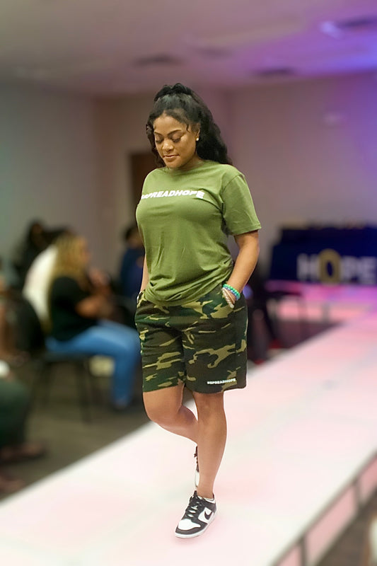 #SPREADHOPE Olive Green Tee and Camo Shorts Set